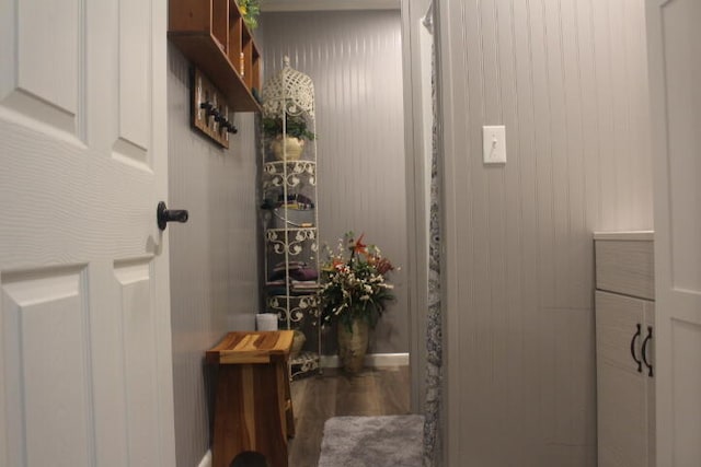 bathroom with wood-type flooring