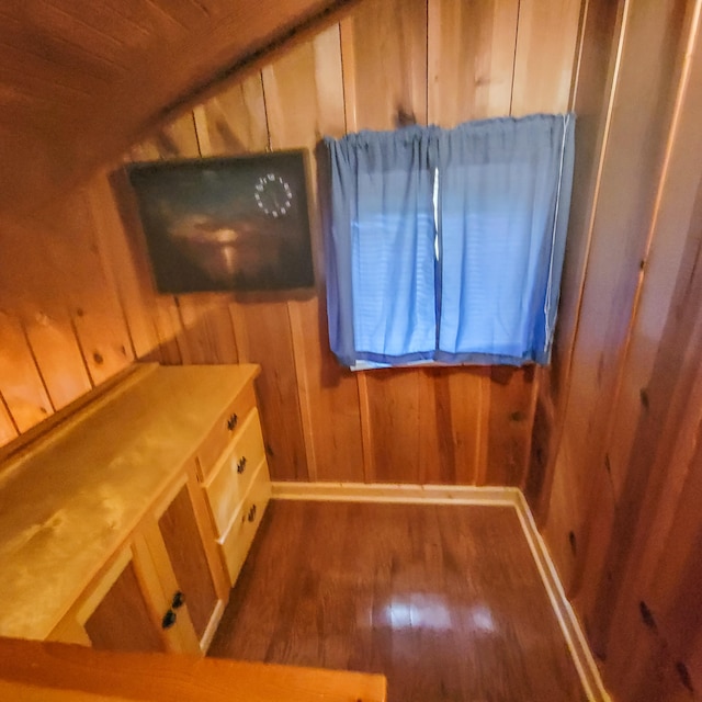 miscellaneous room featuring wood walls, wooden ceiling, and dark hardwood / wood-style floors