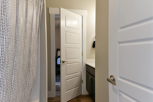 bathroom featuring hardwood / wood-style flooring, vanity, and curtained shower