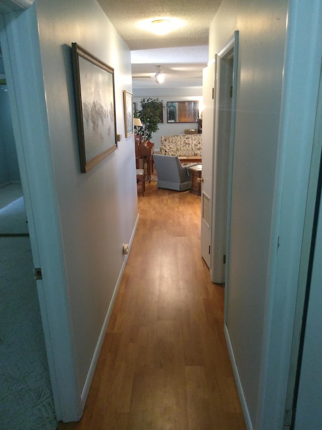 corridor featuring wood-type flooring and a textured ceiling