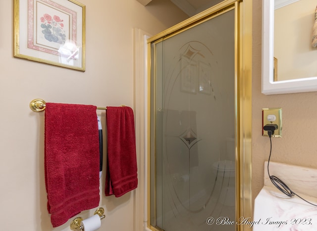 bathroom with a shower with shower door