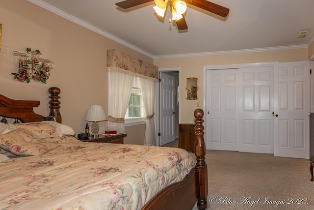 bedroom with crown molding, ceiling fan, and carpet flooring