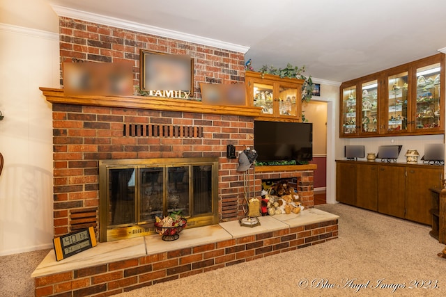 carpeted living room with a brick fireplace and crown molding