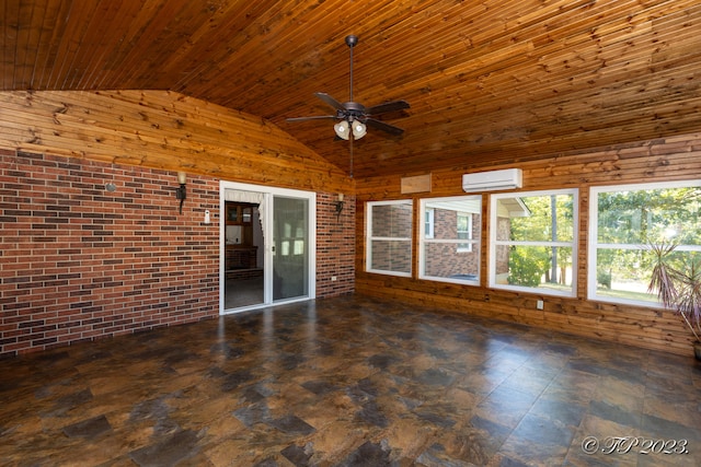 unfurnished sunroom featuring lofted ceiling, wooden ceiling, a wall unit AC, and ceiling fan