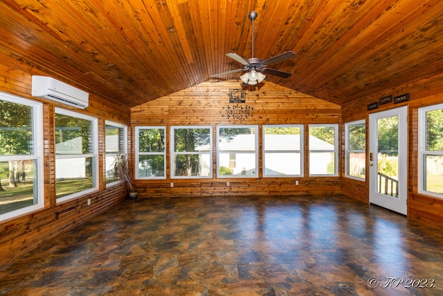 unfurnished sunroom featuring an AC wall unit, wooden ceiling, vaulted ceiling, and ceiling fan