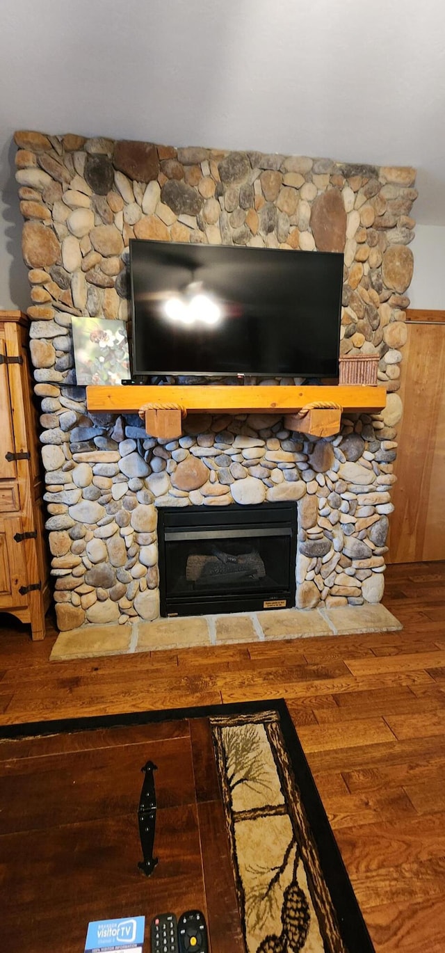 interior details with wood-type flooring and a fireplace