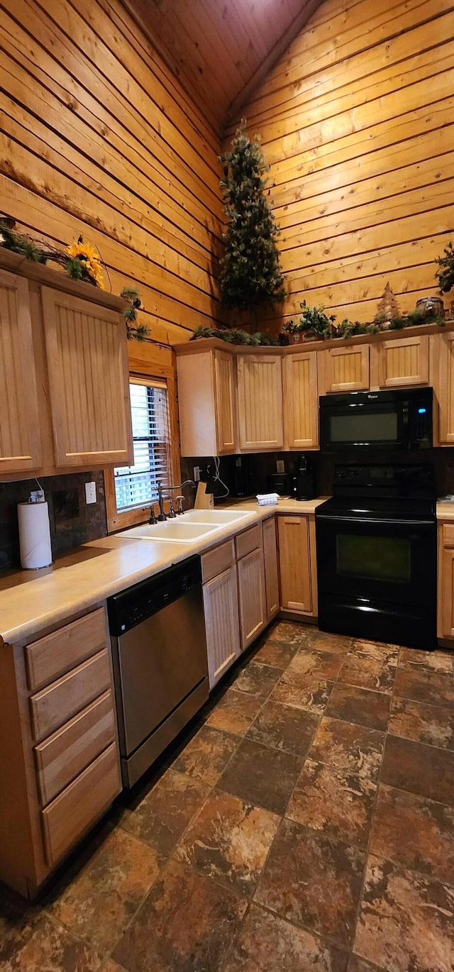 kitchen featuring high vaulted ceiling, black appliances, wood walls, and wood ceiling