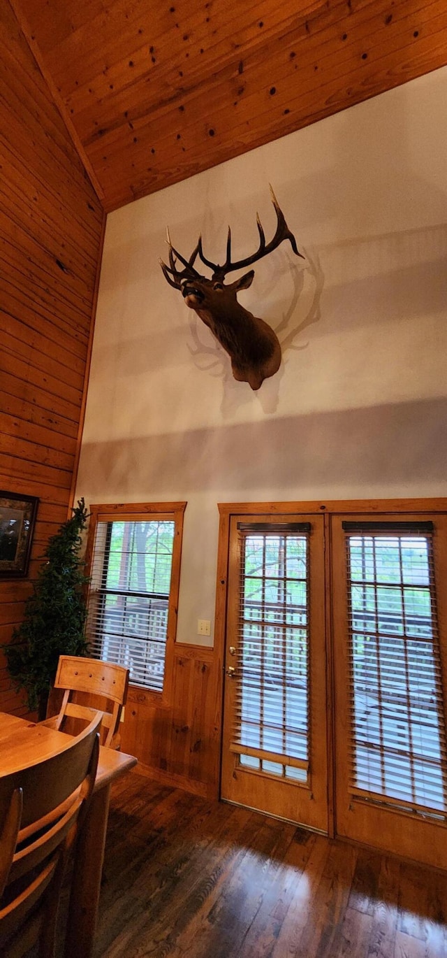 interior space with wooden walls, a wealth of natural light, dark wood-type flooring, and wooden ceiling