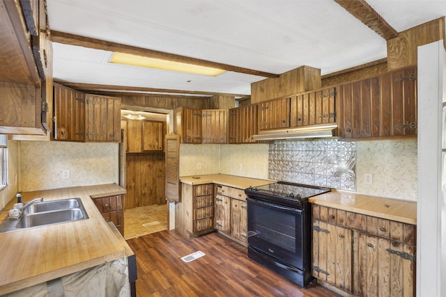 kitchen with beamed ceiling, dark hardwood / wood-style floors, sink, black electric range oven, and backsplash