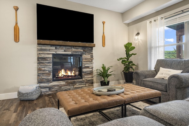 living room with hardwood / wood-style flooring and a stone fireplace