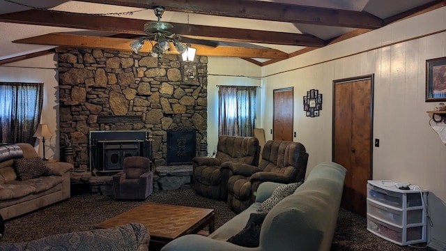1404 6th St, Monett, MO 65708 - living room with ceiling fan, vaulted ceiling with beams, and a fireplace