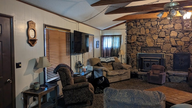 living room featuring ceiling fan, vaulted ceiling with beams, carpet, and a textured ceiling