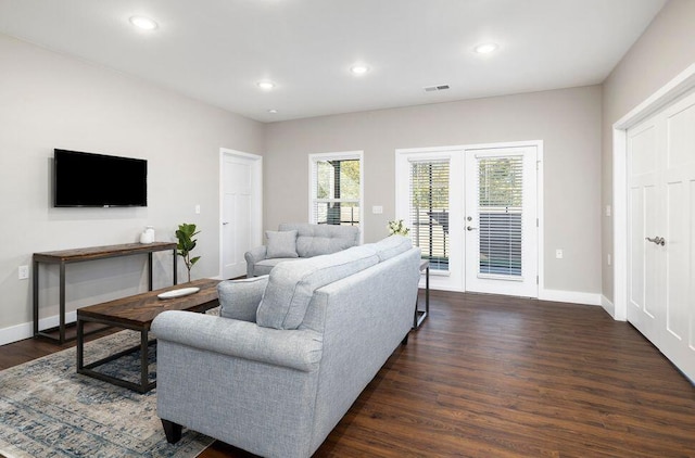 living room featuring dark wood-type flooring and french doors