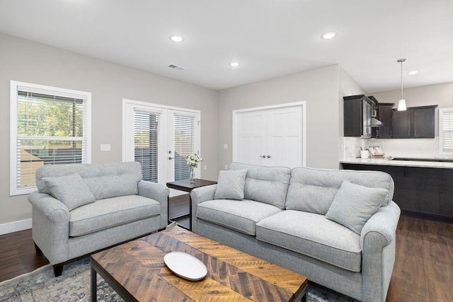 living room featuring french doors and dark hardwood / wood-style flooring