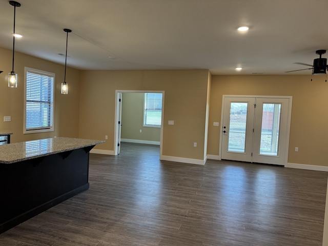 interior space featuring ceiling fan, a healthy amount of sunlight, and dark hardwood / wood-style floors