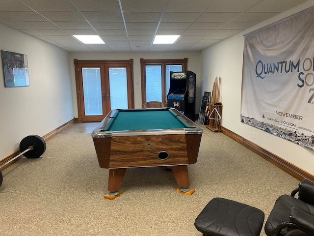 playroom with a drop ceiling, carpet, and billiards