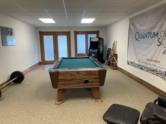 1179 County Road 1050, Willow Springs, MO 65793 - rec room featuring a paneled ceiling, baseboards, carpet, and billiards