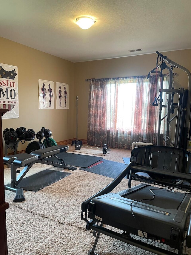 workout room featuring carpet floors and a textured ceiling