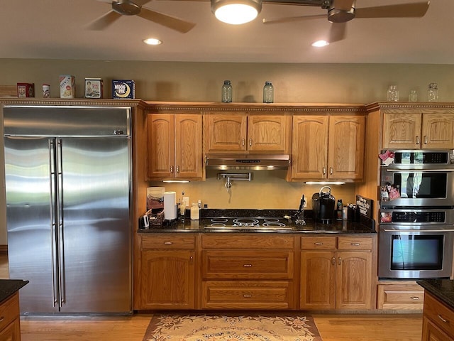 1179 County Road 1050, Willow Springs, MO 65793 - kitchen with dark stone countertops, light wood-type flooring, ceiling fan, stainless steel appliances, and under cabinet range hood
