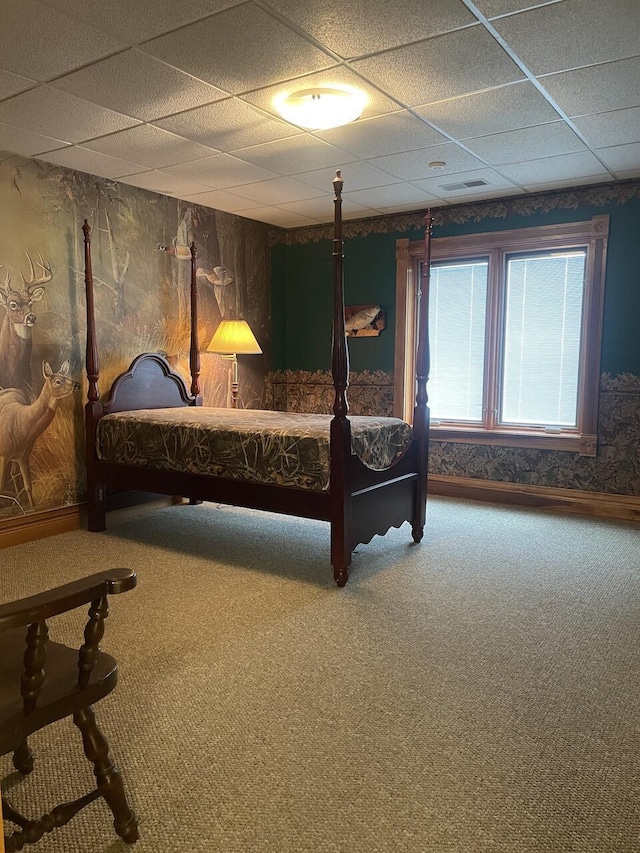 1179 County Road 1050, Willow Springs, MO 65793 - carpeted bedroom with wallpapered walls, visible vents, and a drop ceiling