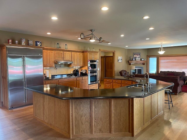 kitchen with ceiling fan, light hardwood / wood-style flooring, a large island with sink, sink, and appliances with stainless steel finishes