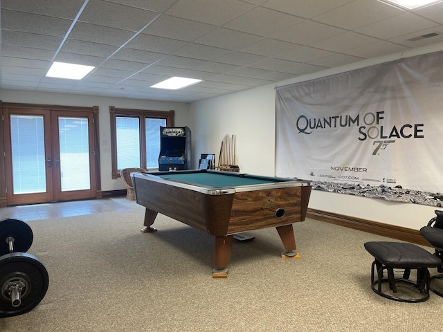 1179 County Road 1050, Willow Springs, MO 65793 - playroom featuring carpet, billiards, french doors, baseboards, and a paneled ceiling