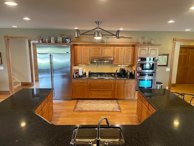 kitchen with appliances with stainless steel finishes, light hardwood / wood-style flooring, and sink