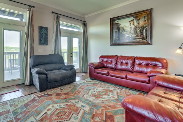 living room with ornamental molding, a wealth of natural light, french doors, and light hardwood / wood-style floors