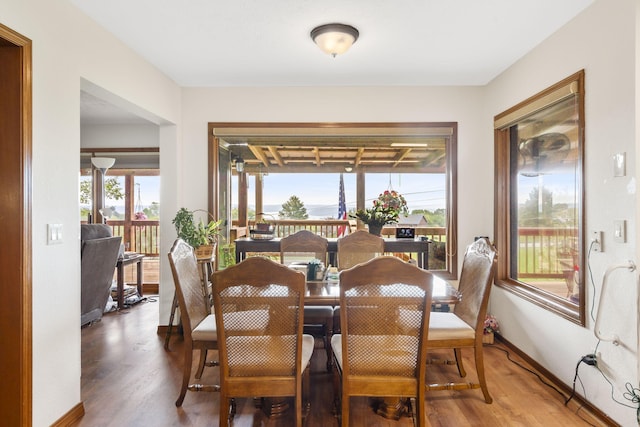 dining area featuring wood finished floors and baseboards