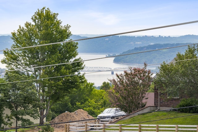 property view of water with fence and a mountain view