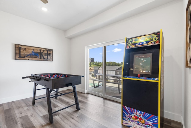 game room with wood-type flooring