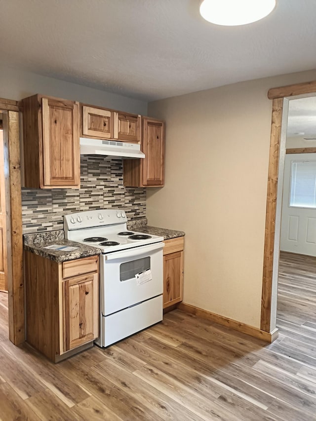 kitchen with white range with electric cooktop, backsplash, under cabinet range hood, and light wood finished floors