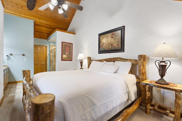 bedroom with lofted ceiling, ceiling fan, wood ceiling, and carpet flooring