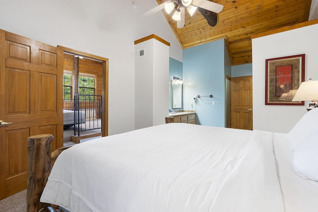 bedroom with access to outside, ceiling fan, wood ceiling, carpet floors, and vaulted ceiling