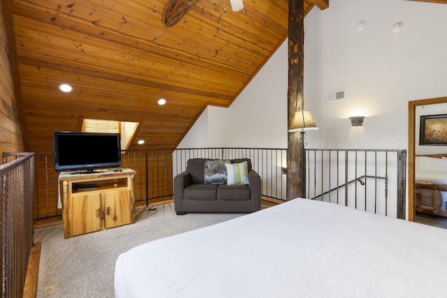 carpeted bedroom featuring beamed ceiling, wood ceiling, and high vaulted ceiling