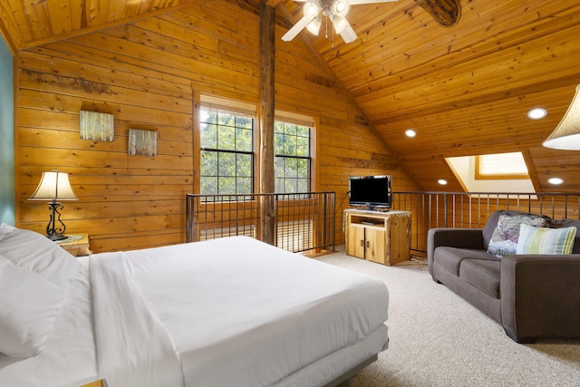 bedroom with ceiling fan, wooden ceiling, wooden walls, and light carpet