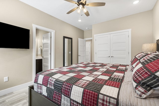 bedroom with a closet, ceiling fan, light wood finished floors, baseboards, and recessed lighting