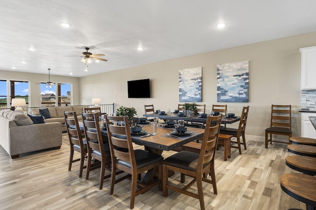 dining space with recessed lighting, light wood-type flooring, and ceiling fan