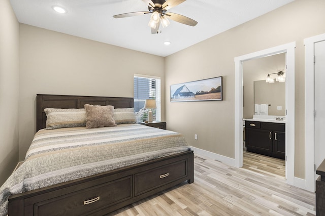 bedroom featuring baseboards, recessed lighting, light wood-style floors, a ceiling fan, and connected bathroom
