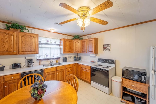 822 County Road 160, Fremont, MO 63941 - kitchen with a ceiling fan, a sink, black appliances, light countertops, and ornamental molding