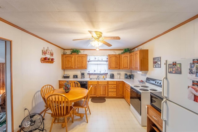 822 County Road 160, Fremont, MO 63941 - kitchen featuring light floors, white appliances, a sink, and crown molding