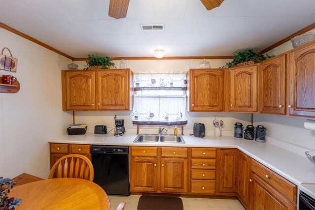 822 County Road 160, Fremont, MO 63941 - kitchen with brown cabinets, visible vents, ornamental molding, a sink, and black dishwasher