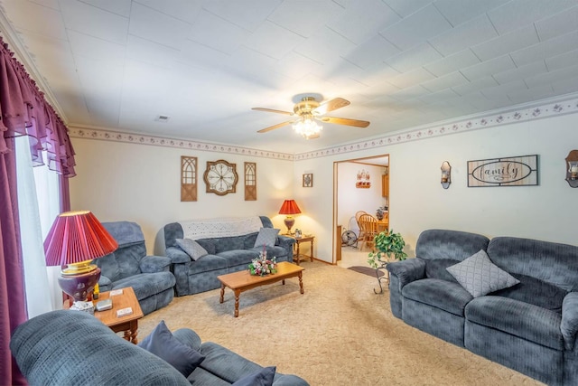 822 County Road 160, Fremont, MO 63941 - carpeted living room with visible vents, crown molding, and ceiling fan