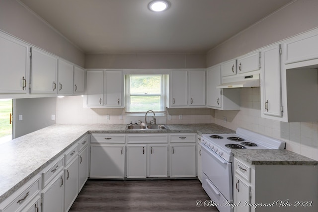 kitchen featuring under cabinet range hood, white electric range oven, a sink, and white cabinetry