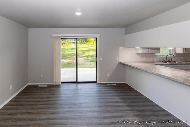 interior space featuring dark wood-style floors, baseboards, a sink, and recessed lighting