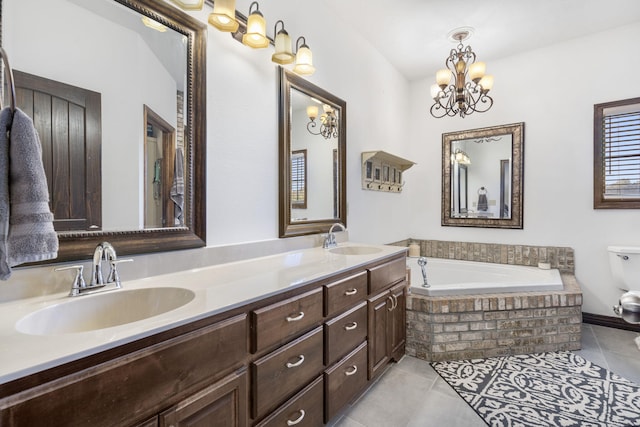 bathroom with a relaxing tiled tub, vanity, a notable chandelier, and tile patterned floors