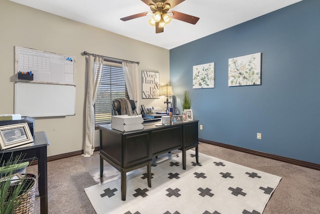 home office with carpet and ceiling fan