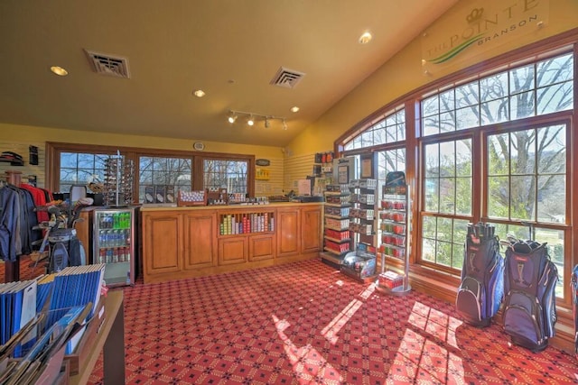 sunroom / solarium featuring beverage cooler and lofted ceiling