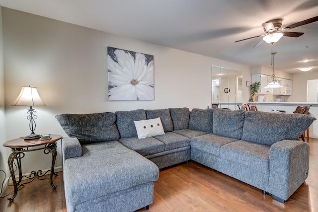 living room with ceiling fan and hardwood / wood-style floors