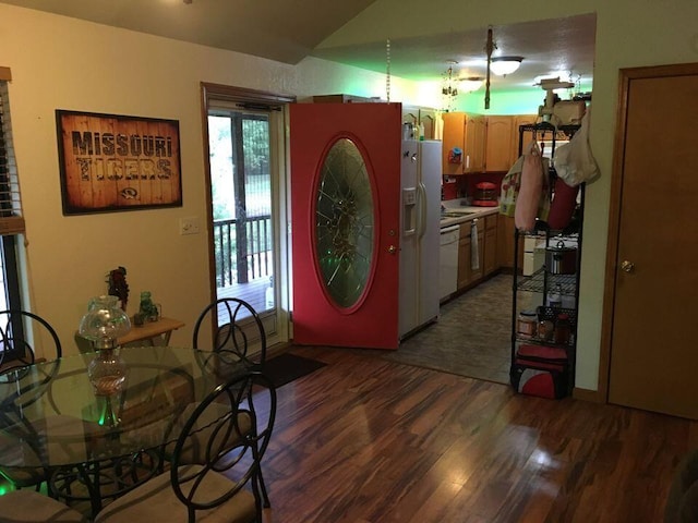 kitchen with dark hardwood / wood-style floors and white appliances